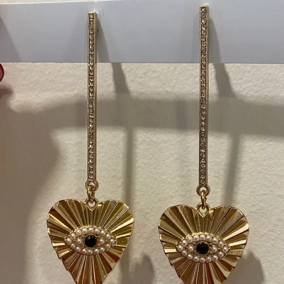 Gold Heart Drop Earrings - Picture 3 of 3